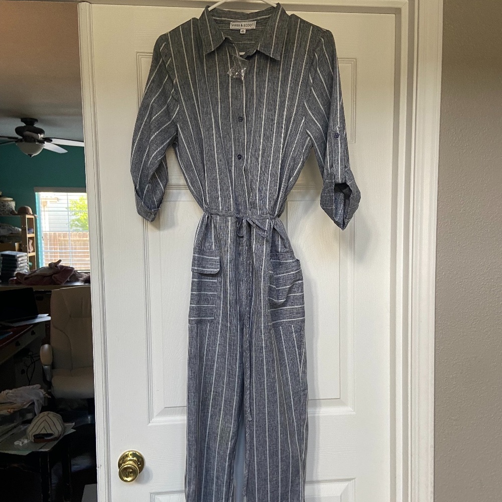 Piper and Scoot blue/gray striped jump suit